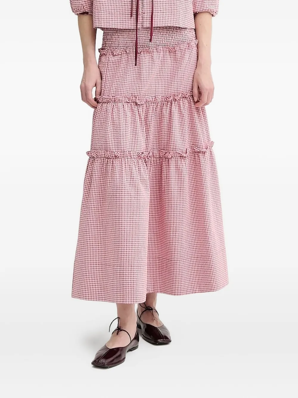Alohas Gingham Ruffled Midi Skirt In Pink