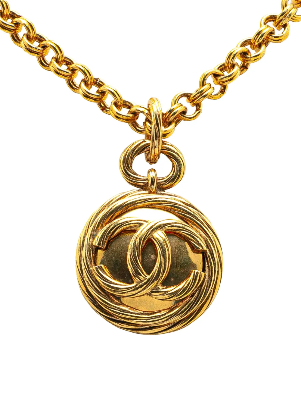 Pre-owned Chanel 1993 Gold Plated Cc Round Mirror Pendant Necklace Costume Necklace