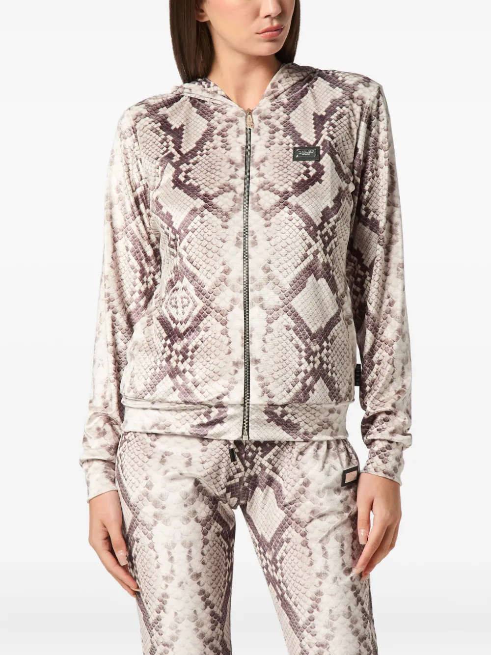 Philipp Plein python-print zip-up hoodie Beige