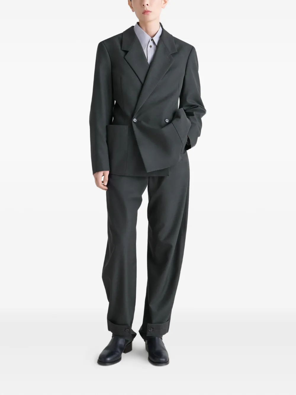 Lemaire Double-breasted Patch-pocket Blazer In Gray