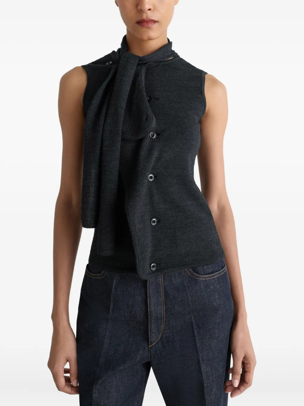 Lemaire Anthracite Grey Wool Asymmetrical Sleeveless Cardigan In Black