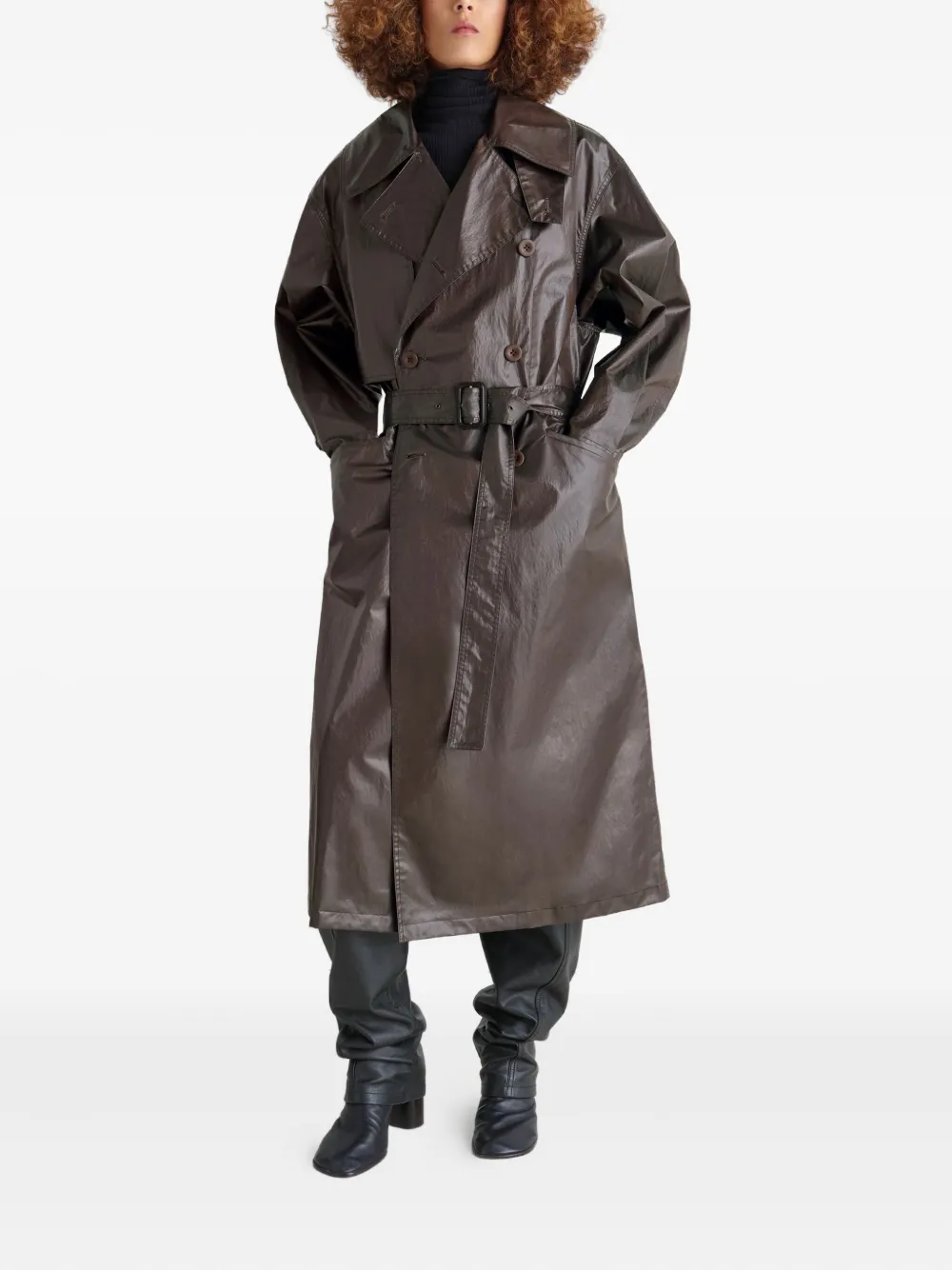 Lemaire Metallic-effect Double-breasted Trench Coat In Brown