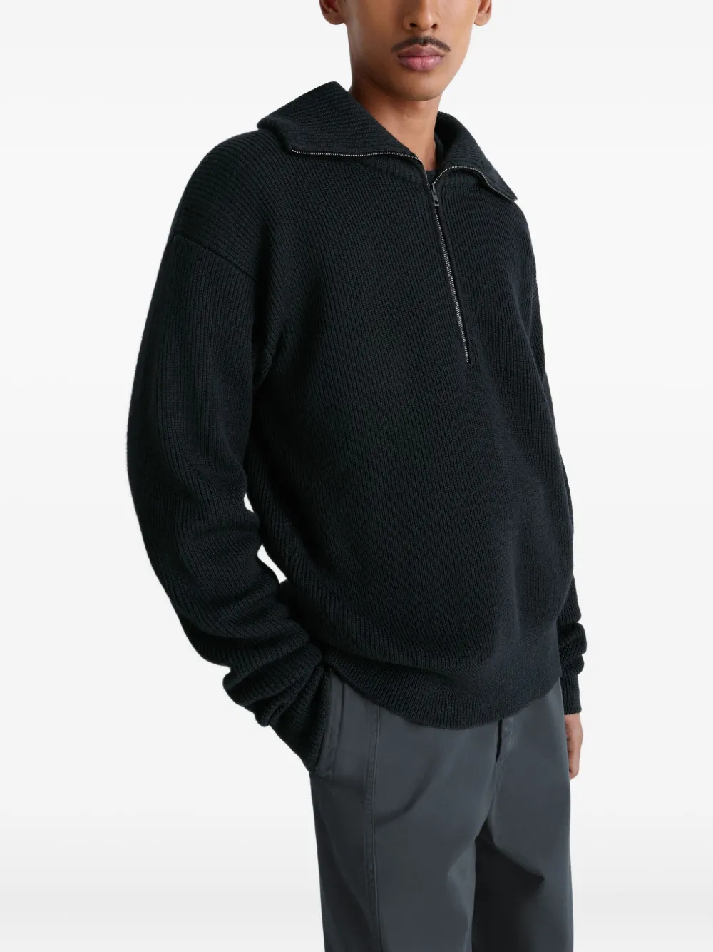 Lemaire Half Zip Sweater In Ribbed Virgin Wool In Black