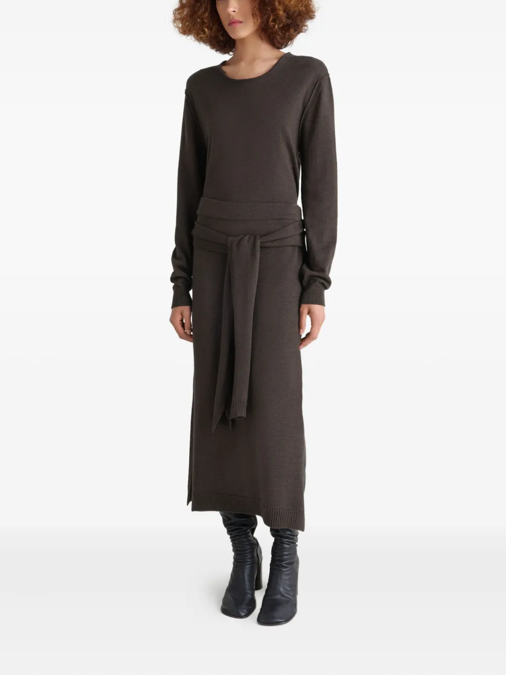 Lemaire Tie-detail Ribbed Midi Skirt In Brown