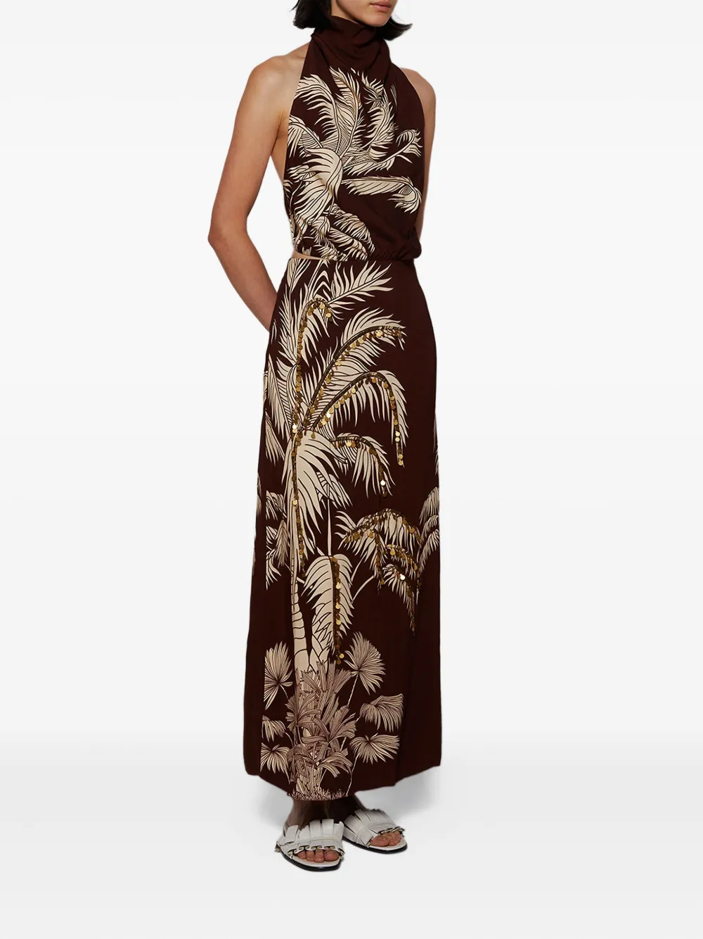 Johanna Ortiz Halterneck Palm-print Maxi Dress In Brown