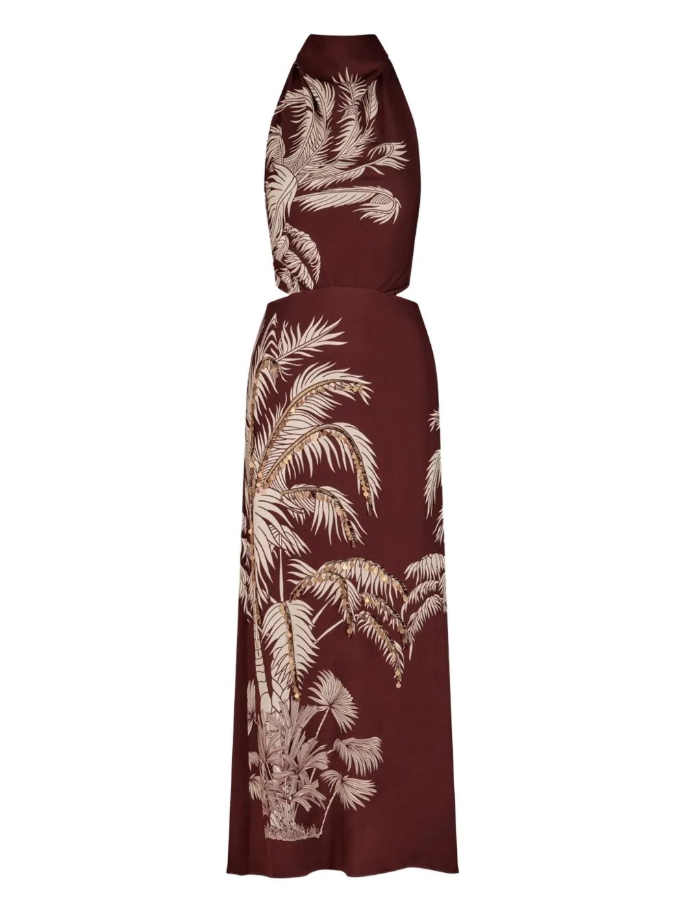 Johanna Ortiz Halterneck Palm-print Maxi Dress In Brown