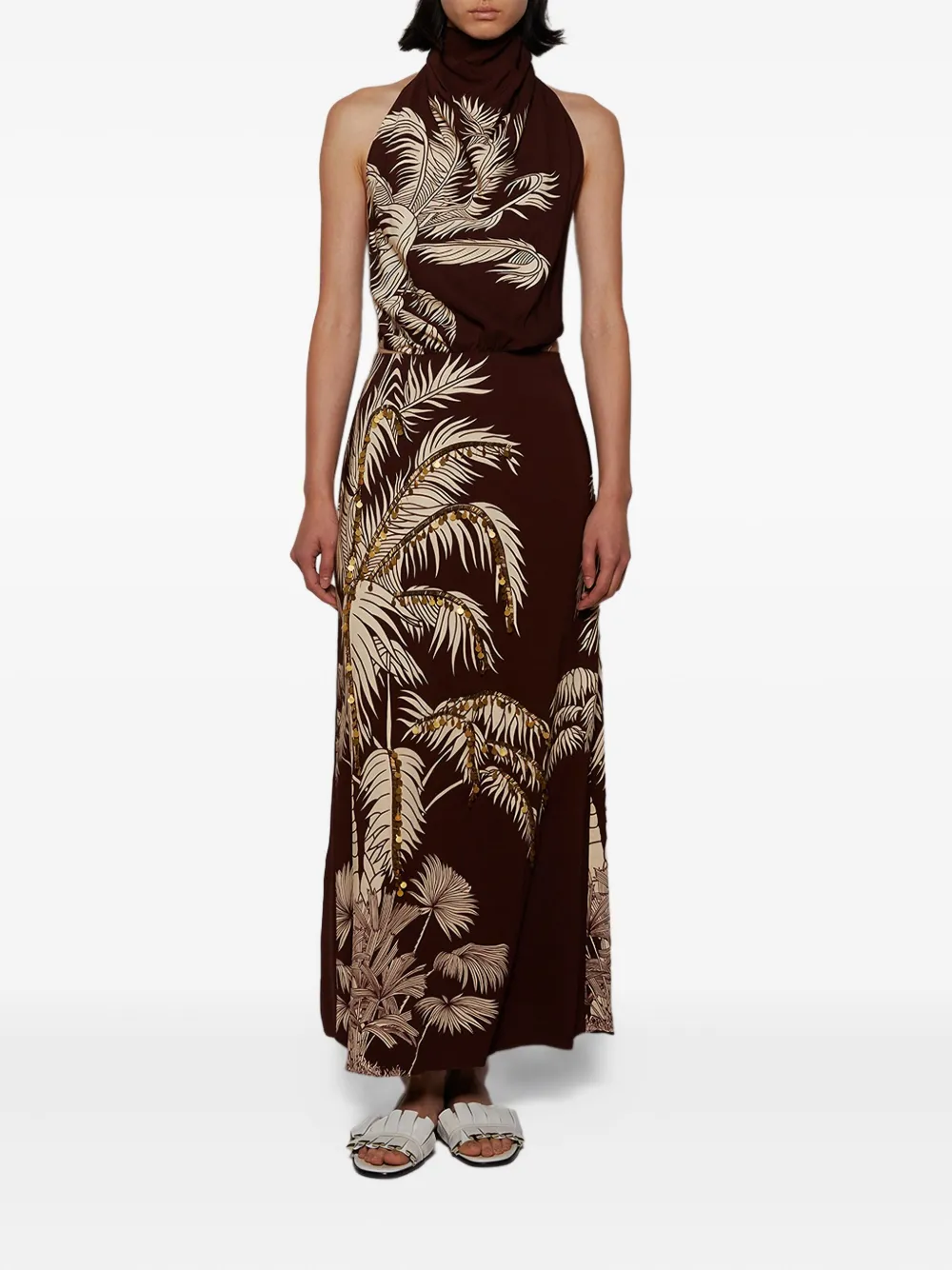 Johanna Ortiz Halterneck Palm-print Maxi Dress In Brown