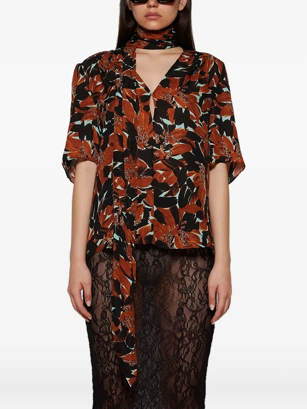 Ace Harper Tie-neck Floral-print Blouse In Brown