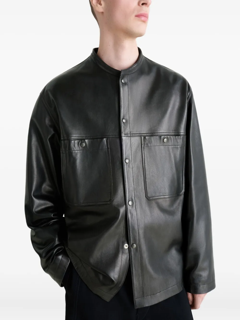 Lemaire Snap-closure Patch-pocket Leather Overshirt In Black