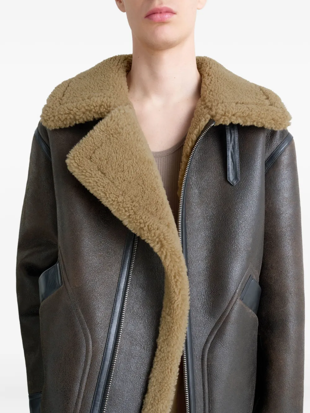 Lemaire Shearling-trim Jacket In Brown