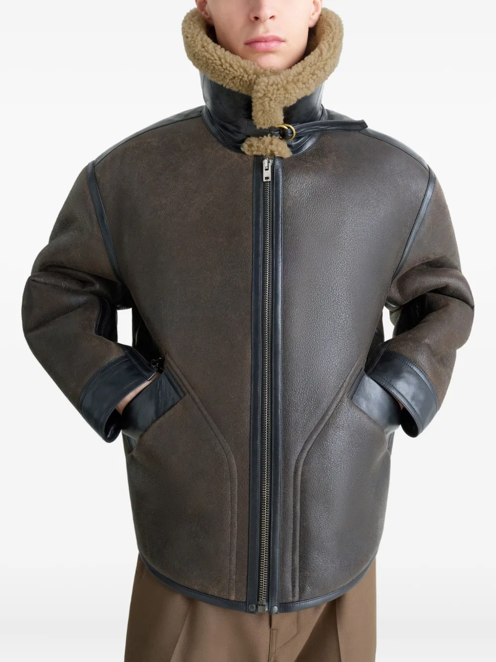 Lemaire Shearling-trim Jacket In Brown