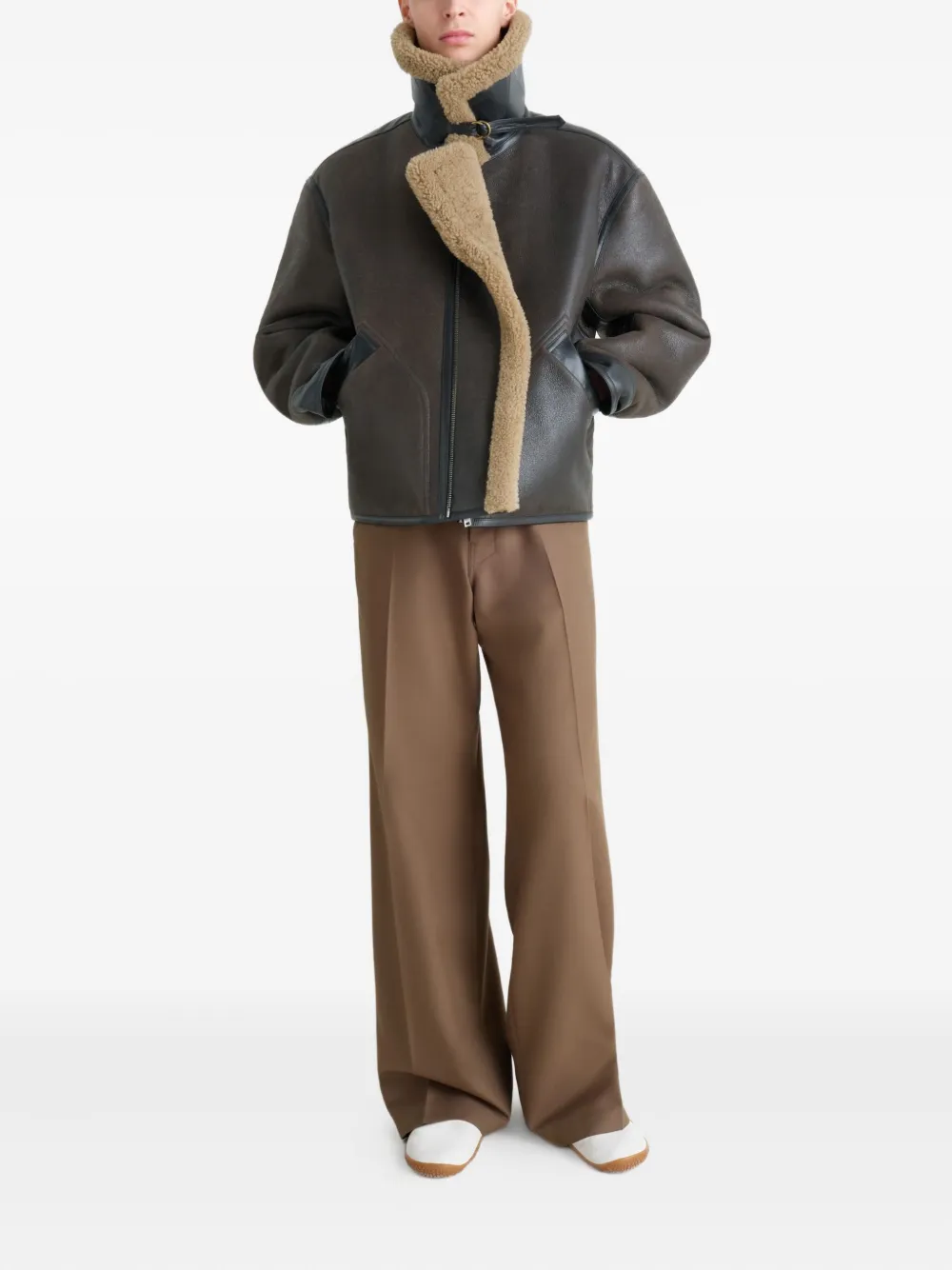 Lemaire Shearling-trim Jacket In Brown