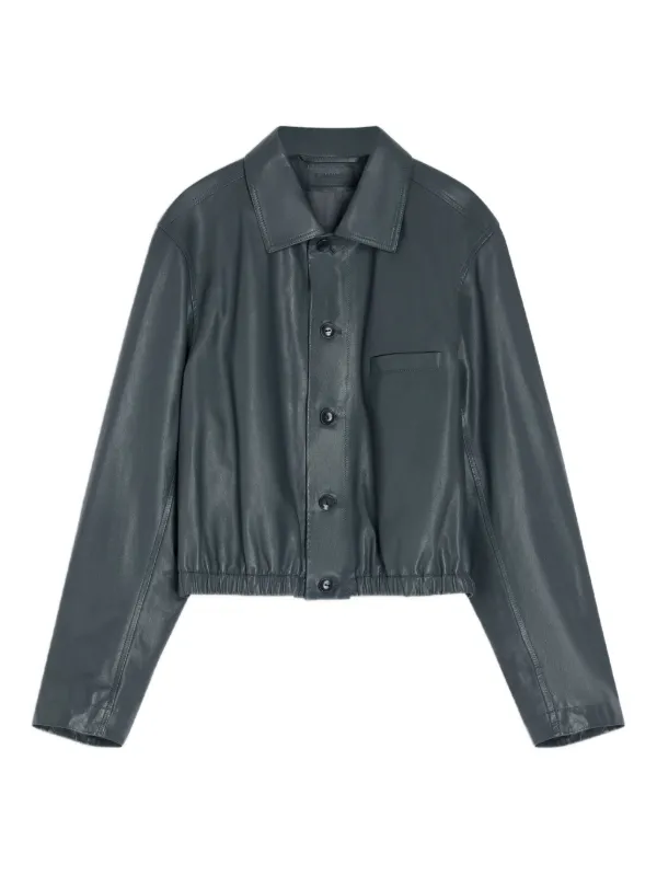 Lemaire Buttoned-up Elasticated Leather Jacket in Grey