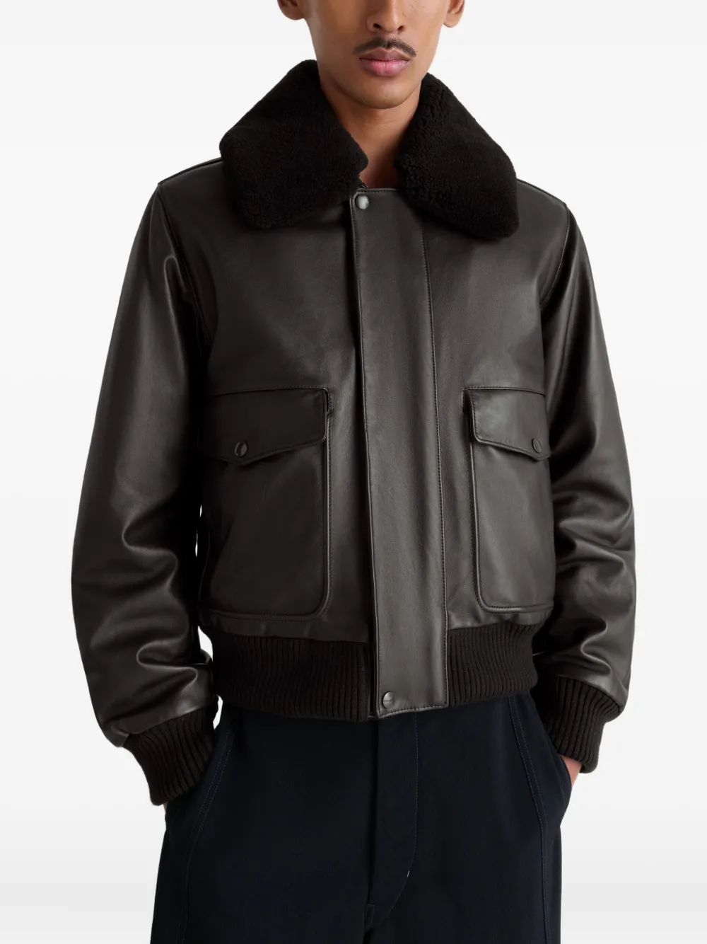 Lemaire Sheepskin-collar Leather Jacket In Gray