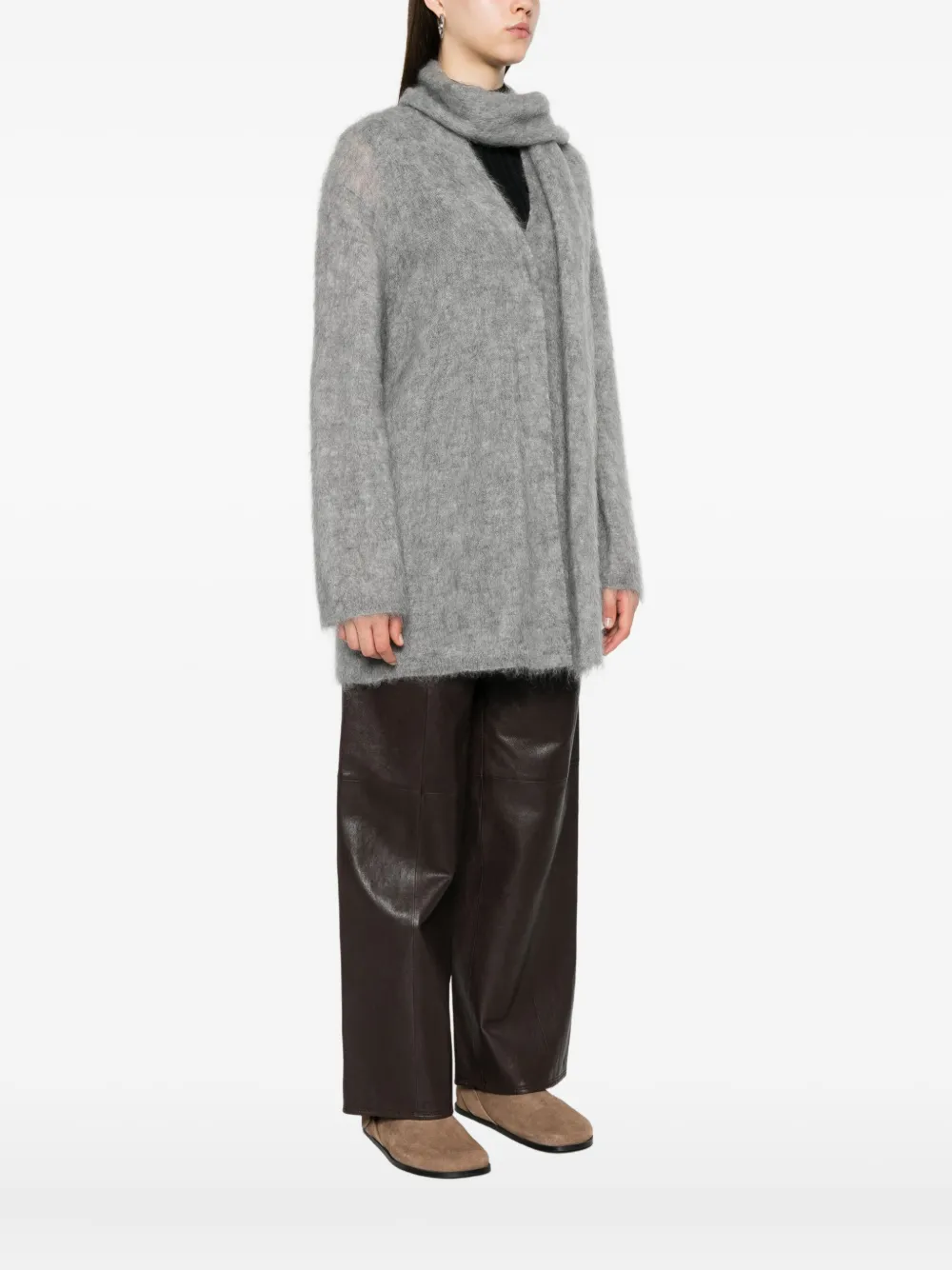 Forte Forte Open Front Cardigan Attached Scarf In Gray