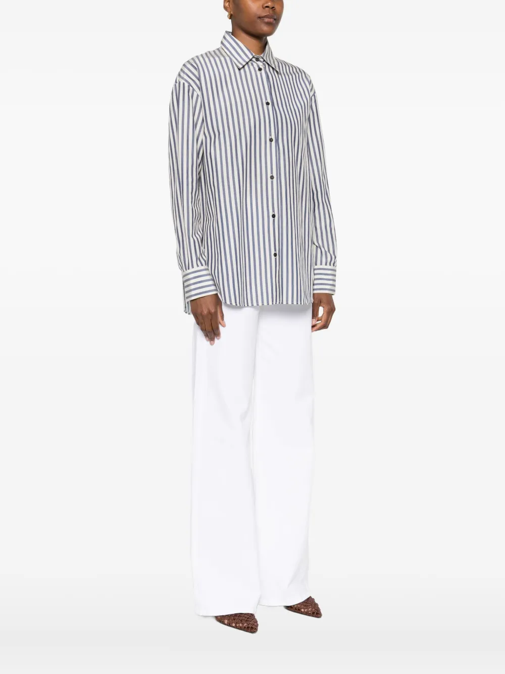 Forte Forte Striped Long Sleeve Top With Curved Hem In Gray