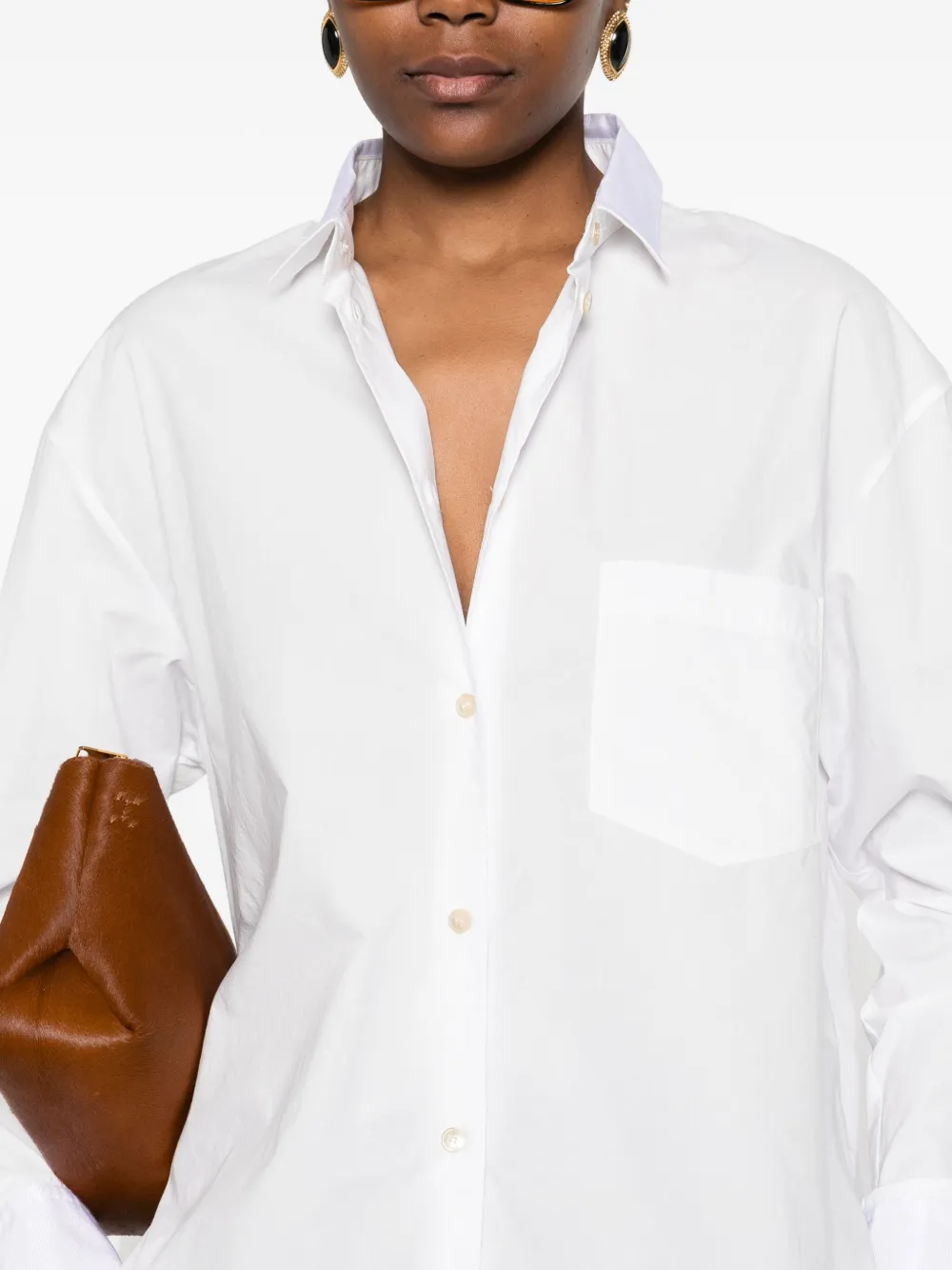 Forte Forte Long Sleeve Top With Curved Hem And Pocket In White