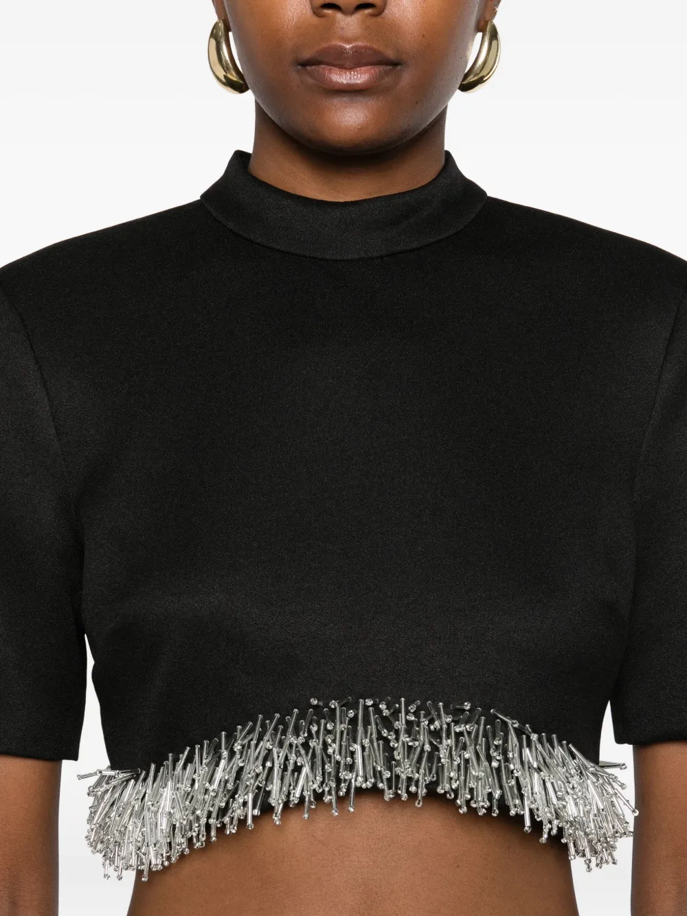 Simkhai Fringe-trimmed Short-sleeve Top In Black