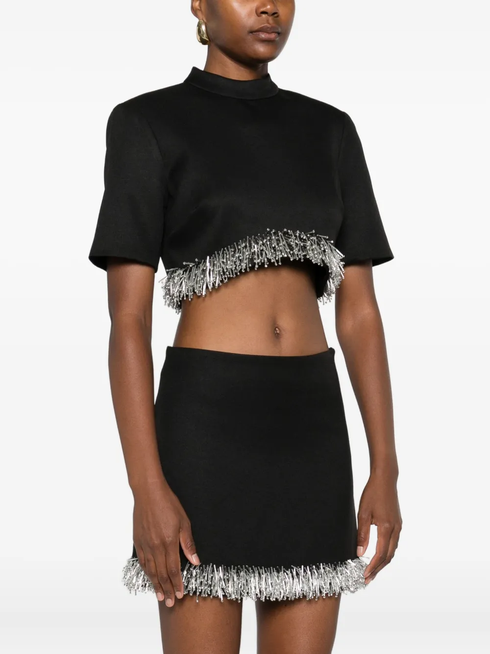 Simkhai Fringe-trimmed Short-sleeve Top In Black