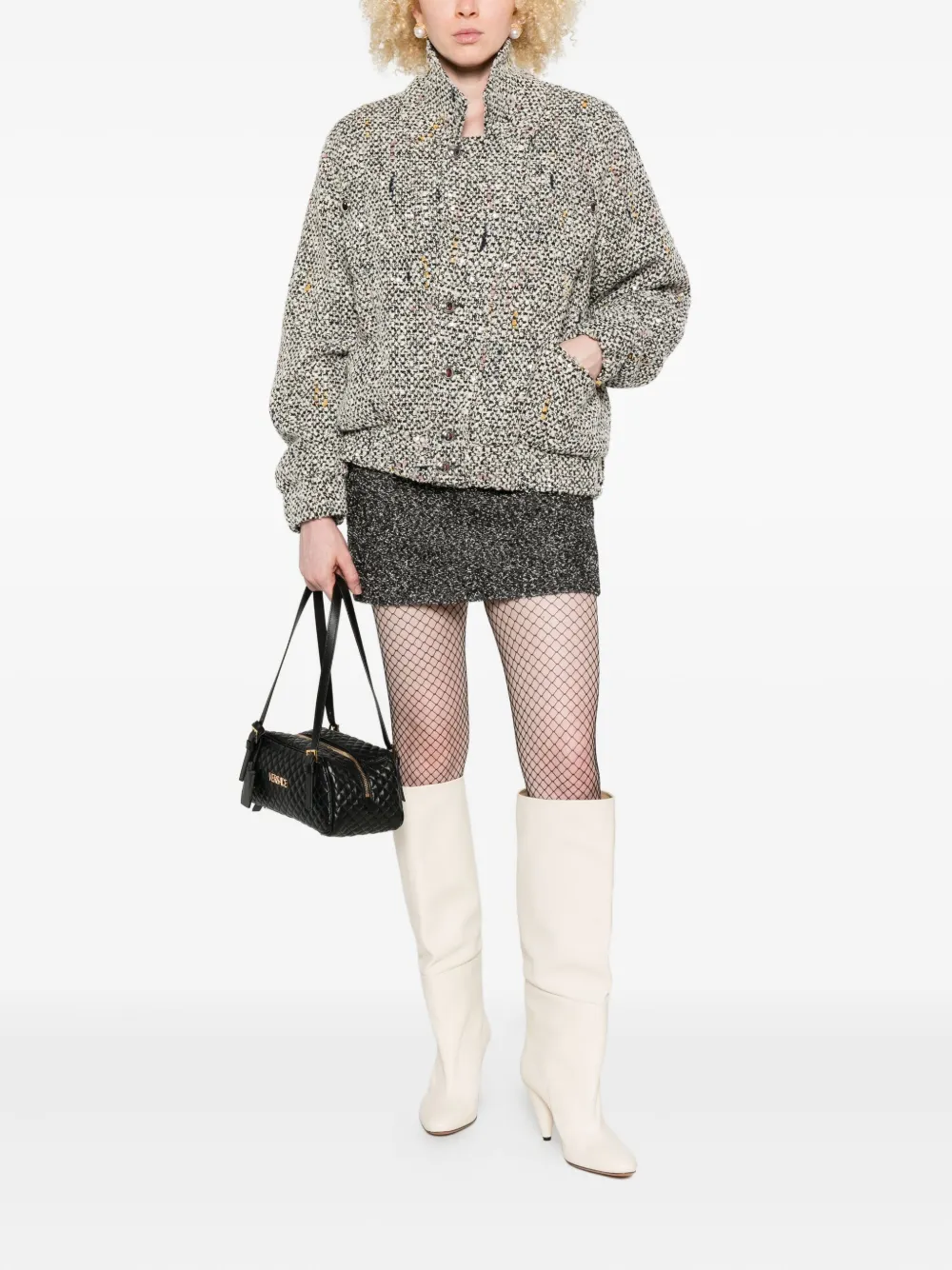 Alessandra Rich tweed speckled bomber jacket Wit