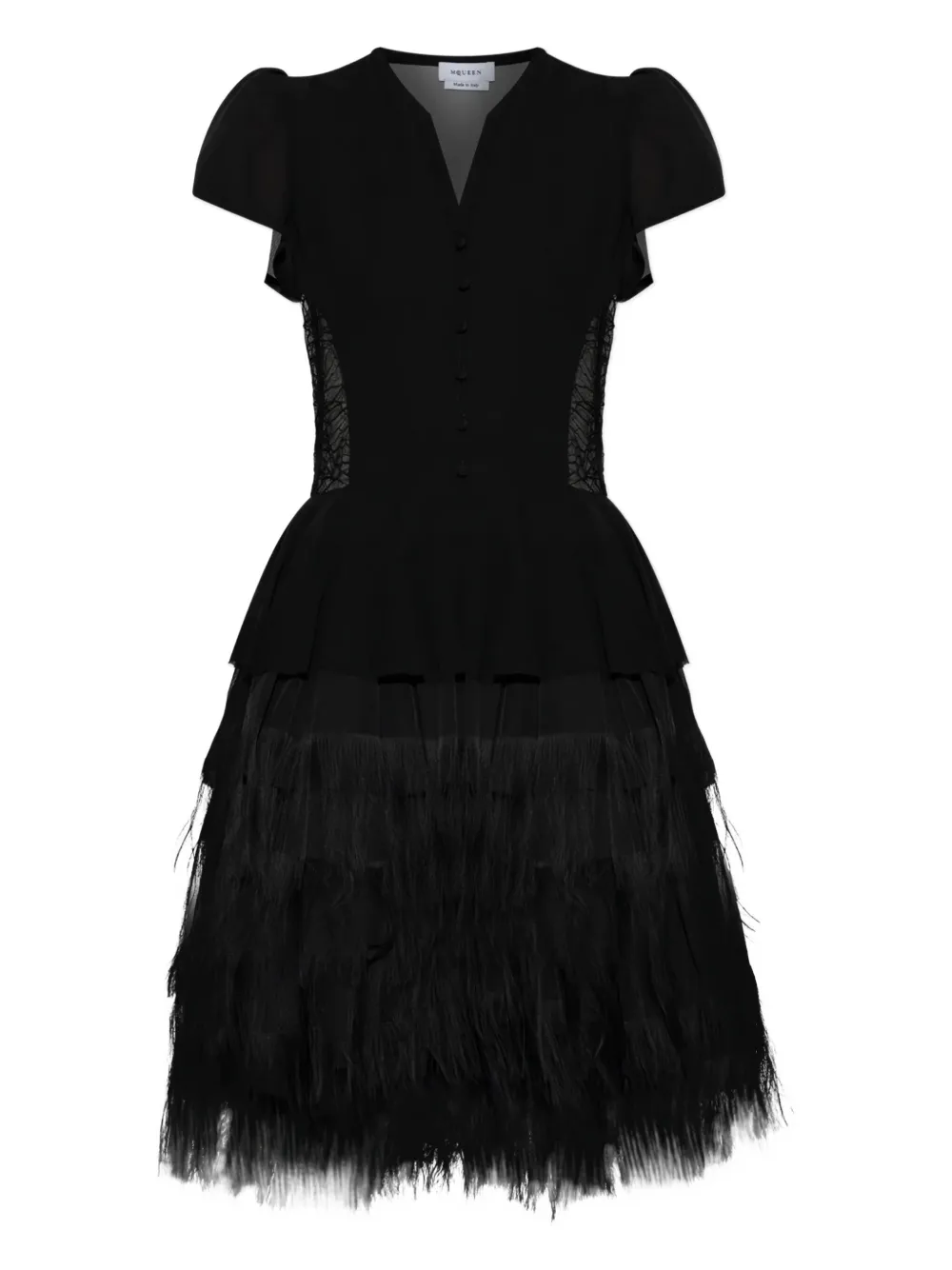 Alexander McQueen puff-sleeve feather-trimmed mini dress | Black | Image 1