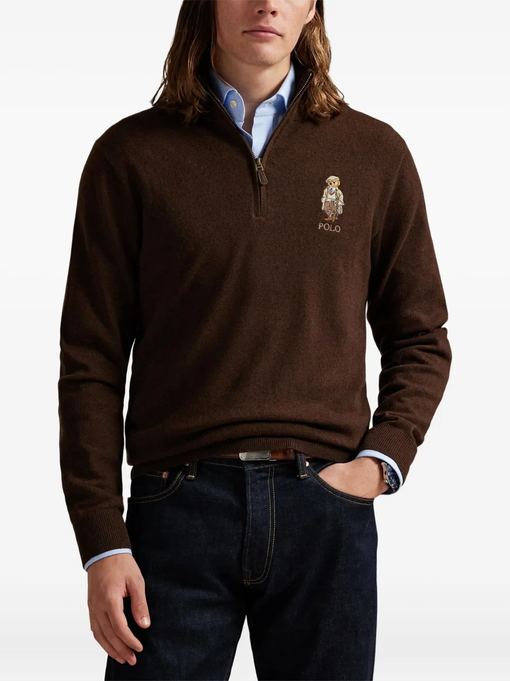 Polo Ralph Lauren Trui met halve rits en polobeer Bruin
