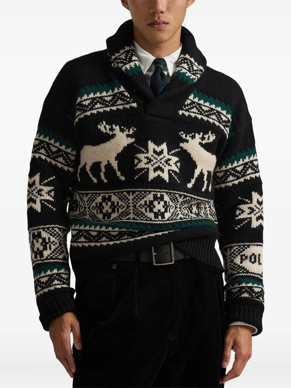 Polo Ralph Lauren Mens Black Combo Printed Shawl-collar Wool-blend Jumper In Black
