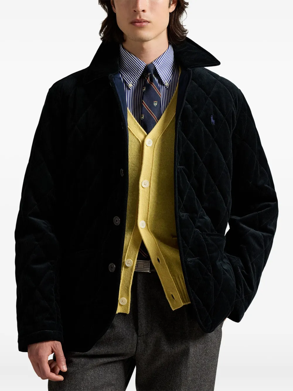 Polo Ralph Lauren Blue Jacket With Classic Collar And Pony Embroidery On The Front In Quilted Corduroy Man In Blue