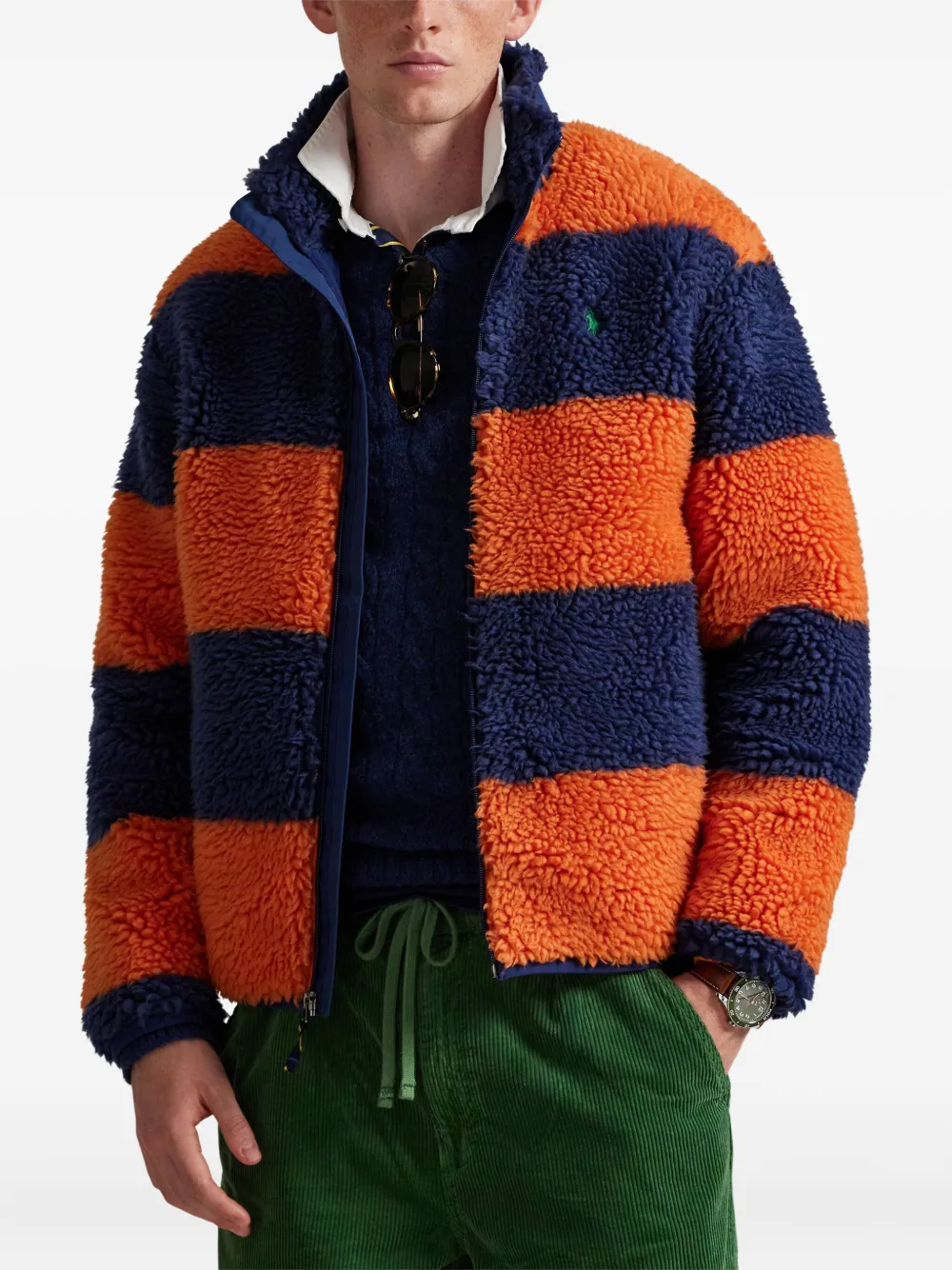 Polo Ralph Lauren Striped Fleece Jacket In Orange