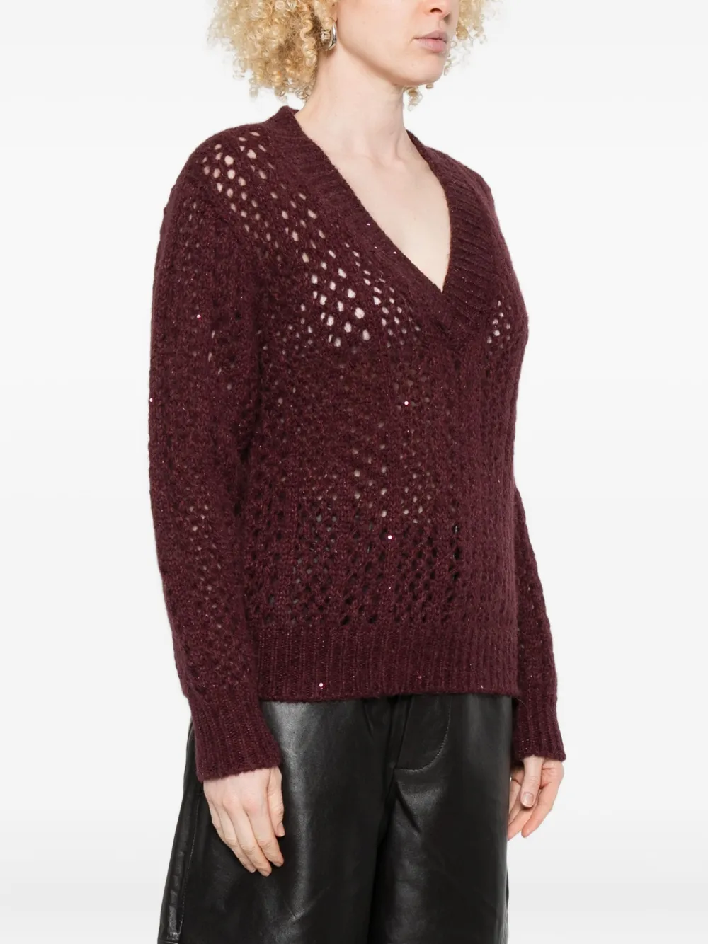 Eleventy V-neck Open-knit Sweater In Animal Print