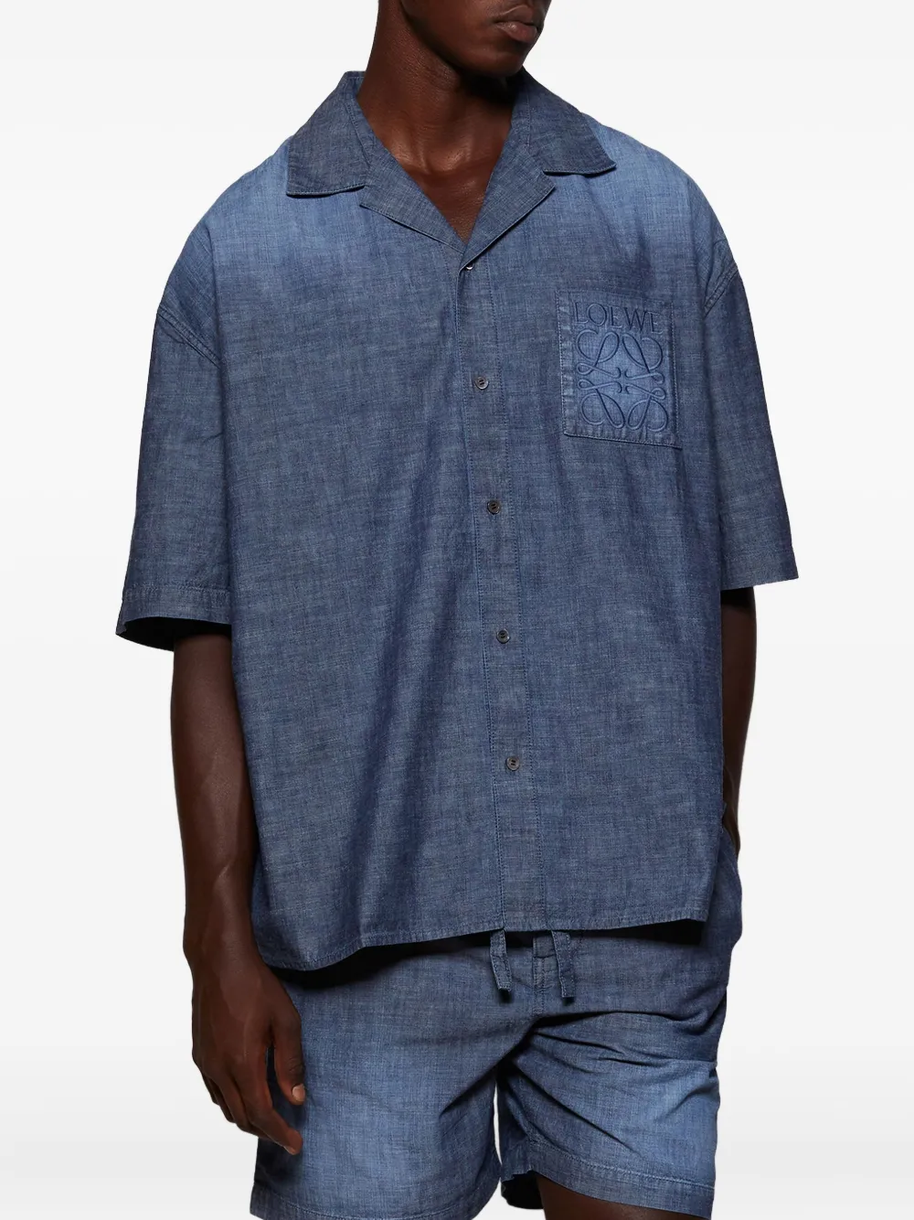 Loewe Embroidered-pocket Short-sleeve Shirt In Blue