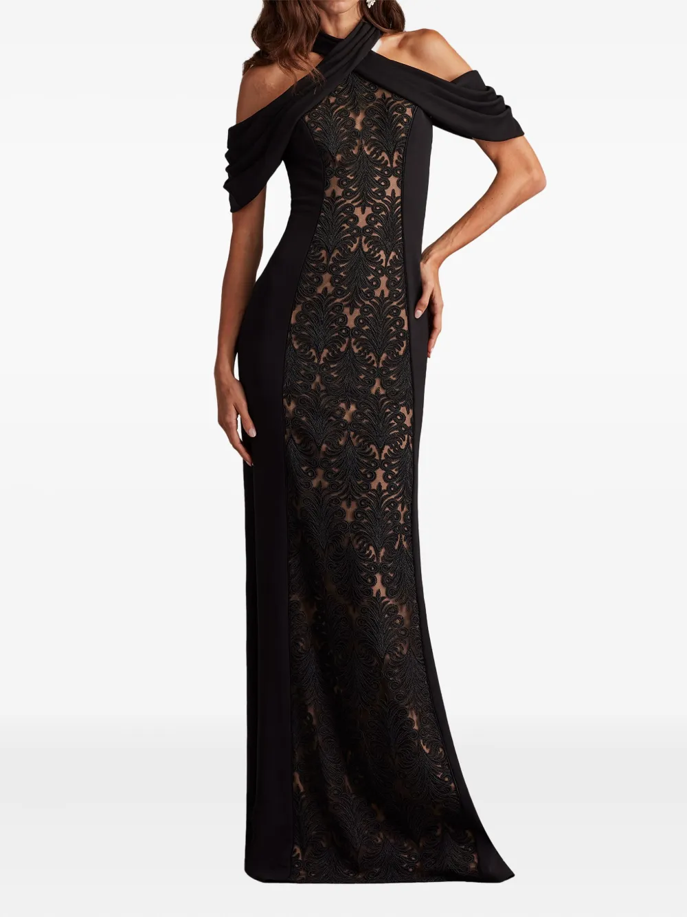 off-shoulder lace-embroidered gown