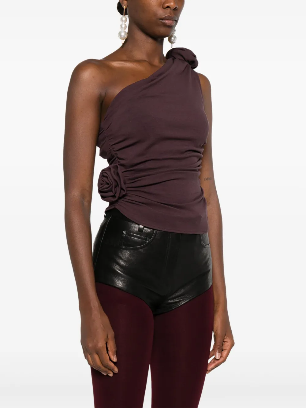 Magda Butrym Rose-embellished One-shoulder Top In Brown