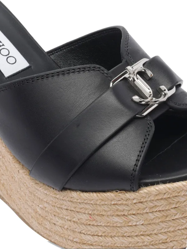 Jimmy Choo 100mm Leather Wedge Espadrille Sandals | Black
