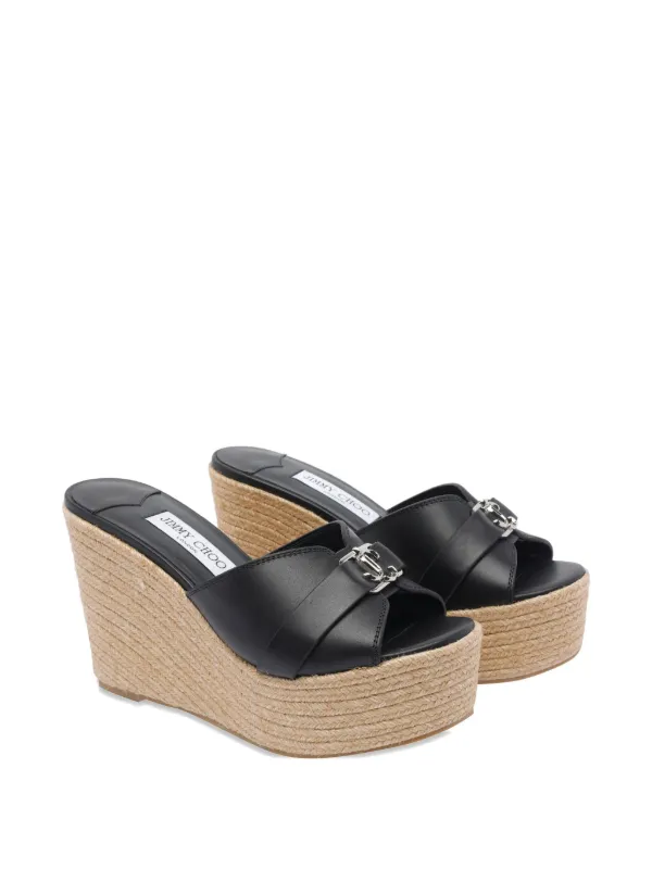 Jimmy Choo 100mm Leather Wedge Espadrille Sandals | Black | FARFETCH
