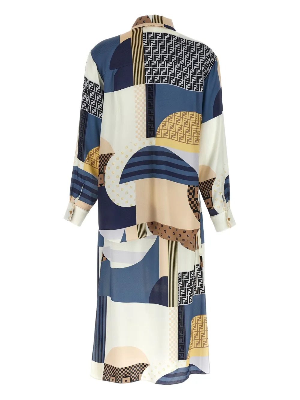 FENDI Zijden jurk met geometrische print en ceintuur - Blauw