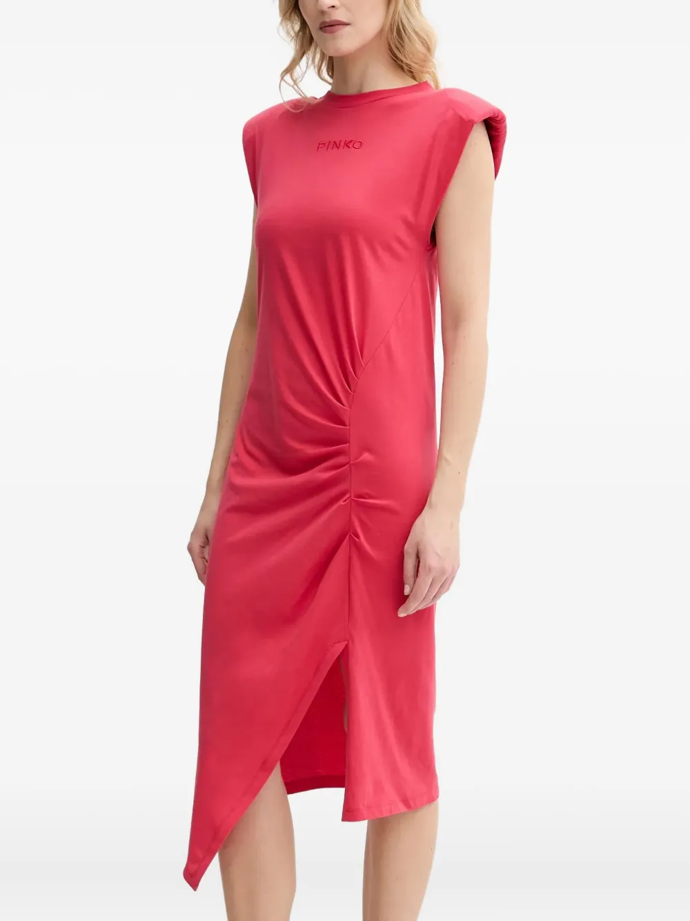 padded-shoulder side-split midi dress