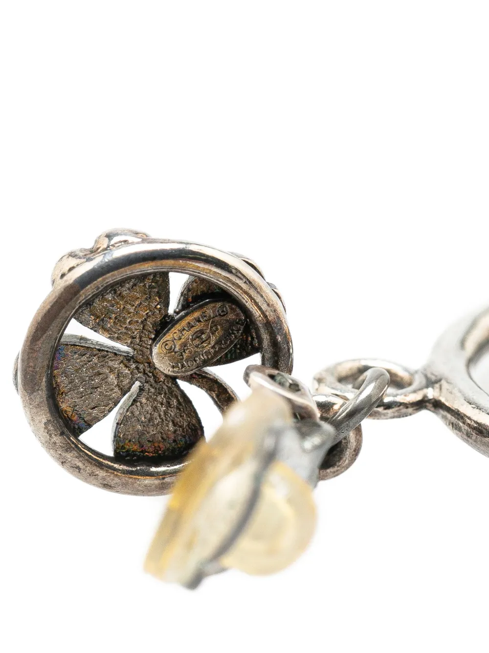 Pre-owned Chanel 1996 Silver Clover Cc Drop Clip On Earrings Costume Earrings