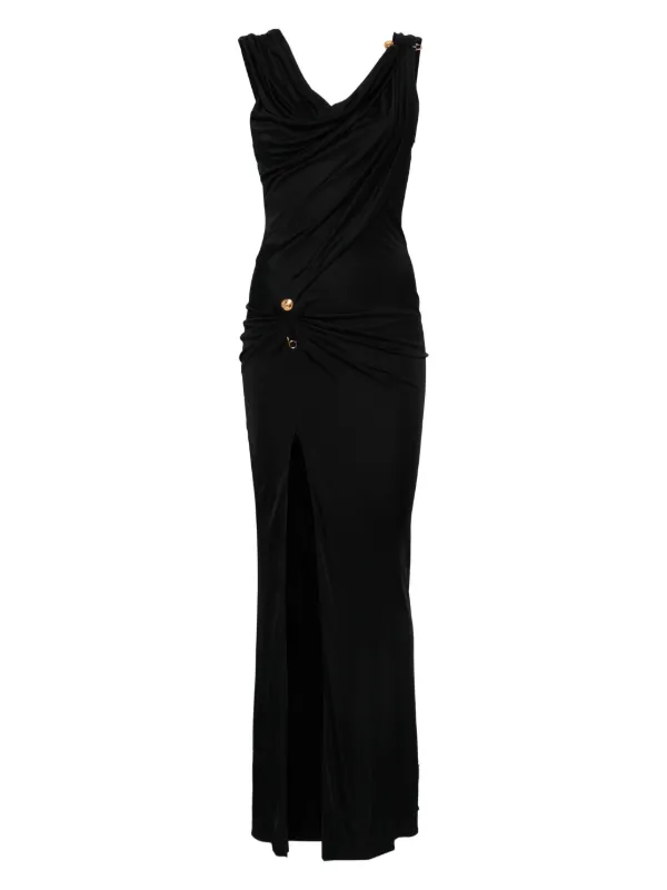 Versace Women's Drape Detail High-Slit Maxi Gown with Signature Hardware in Black