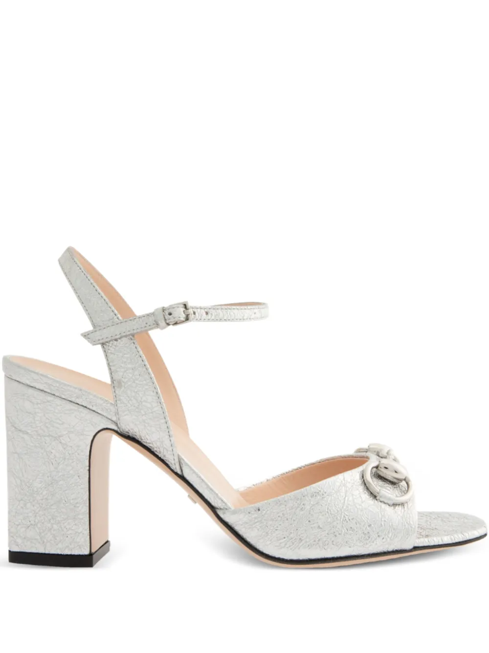 Gucci 75mm Lady Horsebit leather block-heel sandals Silver