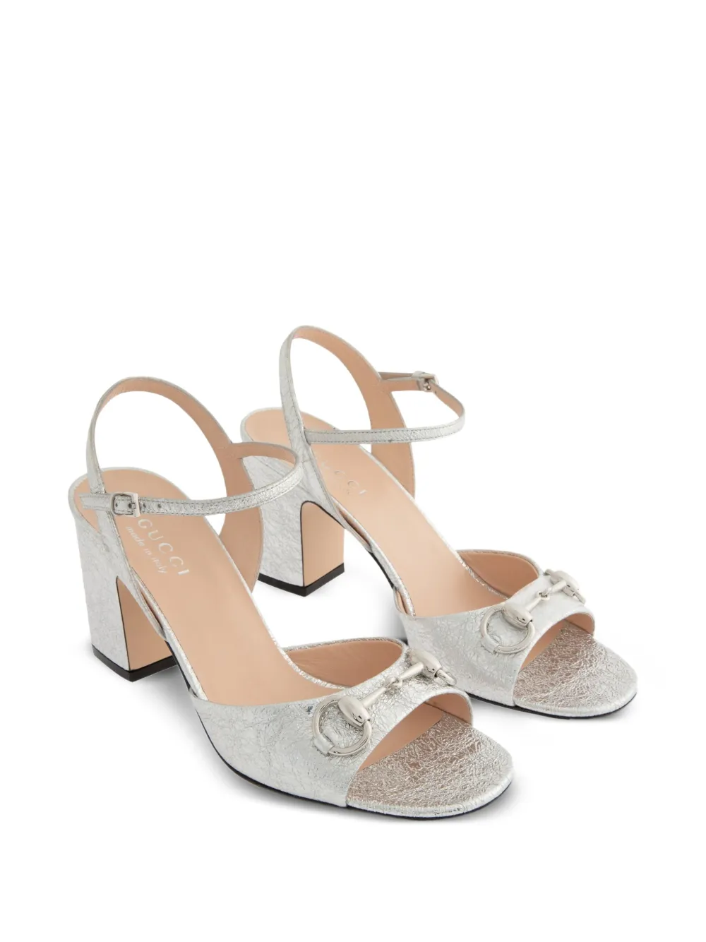 Gucci 75mm Lady Horsebit leather block-heel sandals Silver
