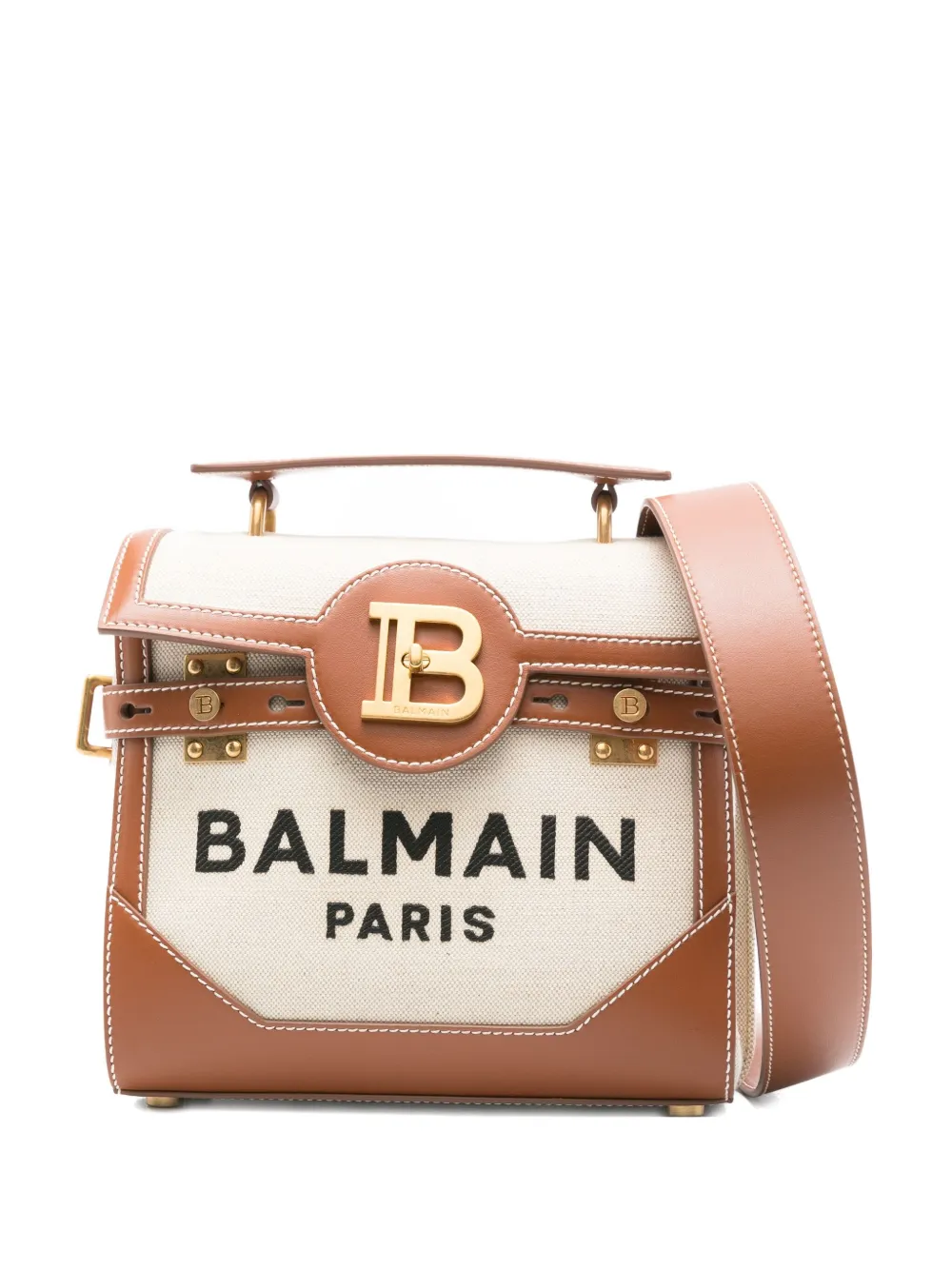 Balmain logo-plaque leather-trimmed satchel - Nude