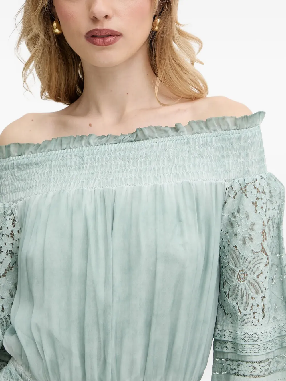 GUESS USA Gesmockte blouse met kanten afwerking Blauw