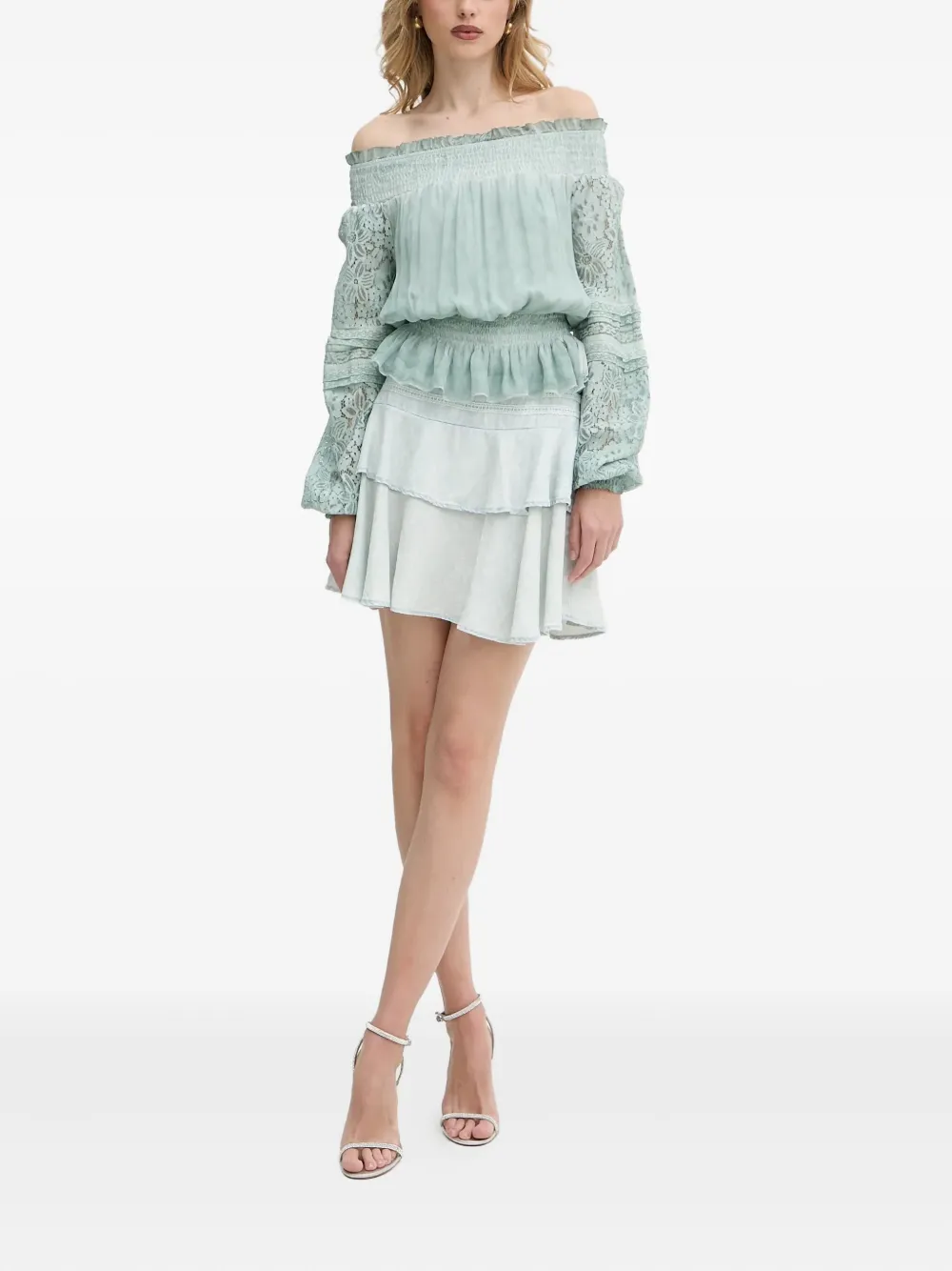 GUESS USA Gesmockte blouse met kanten afwerking Blauw