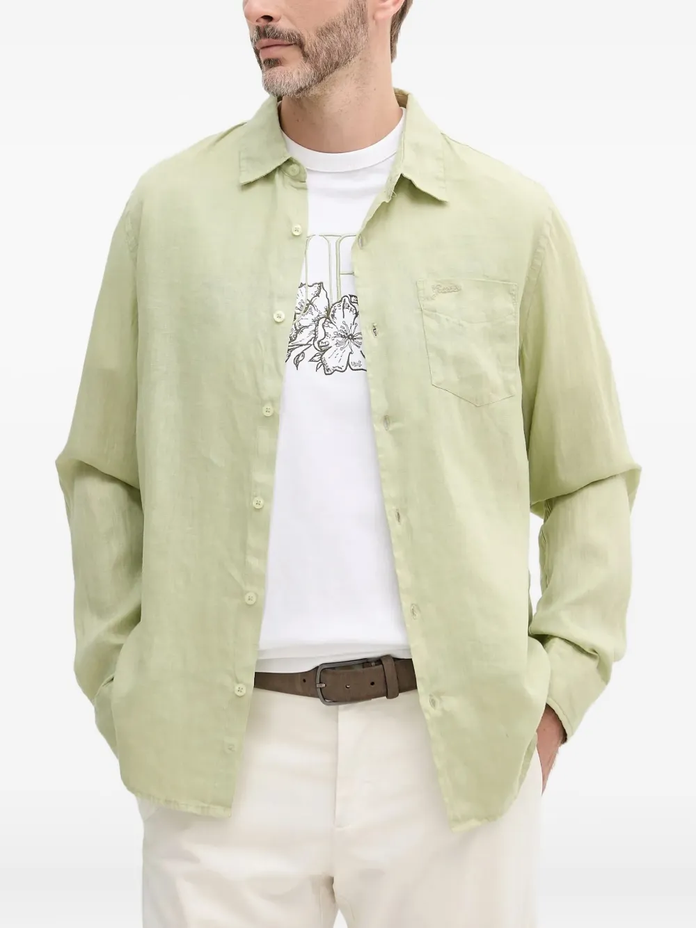 GUESS USA embroidered-logo linen shirt - グリーン GUESS USA embroidered-logo linen shirt - グリーン