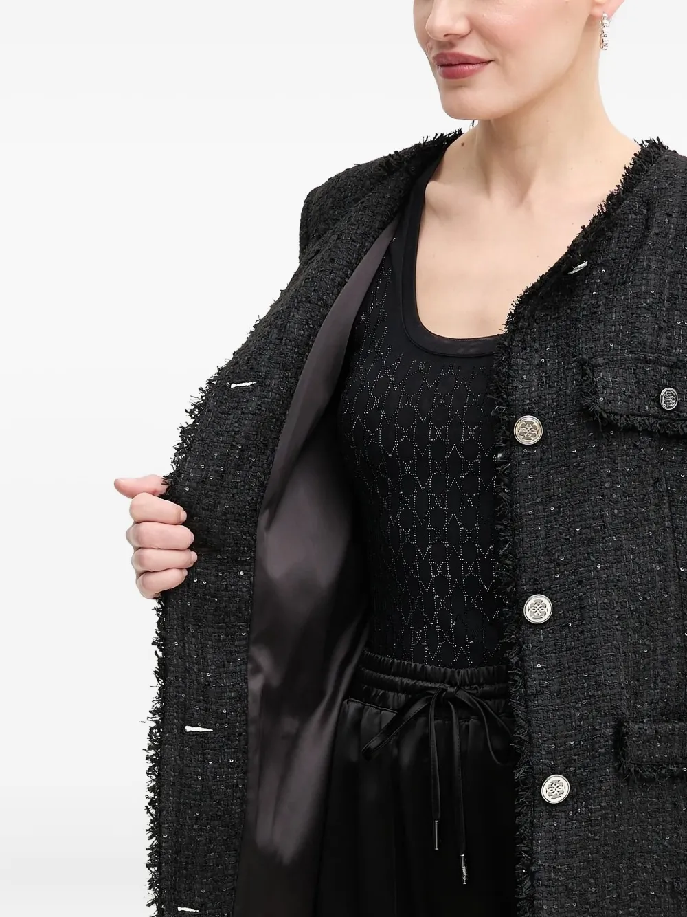 Guess Usa Sequin-embellished Tweed Jacket In Black