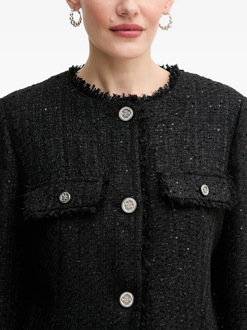Guess Usa Sequin-embellished Tweed Jacket In Black