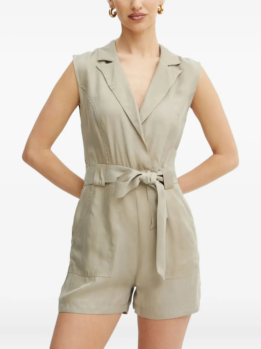 Guess Usa Notched-collar Belted Playsuit In Gray