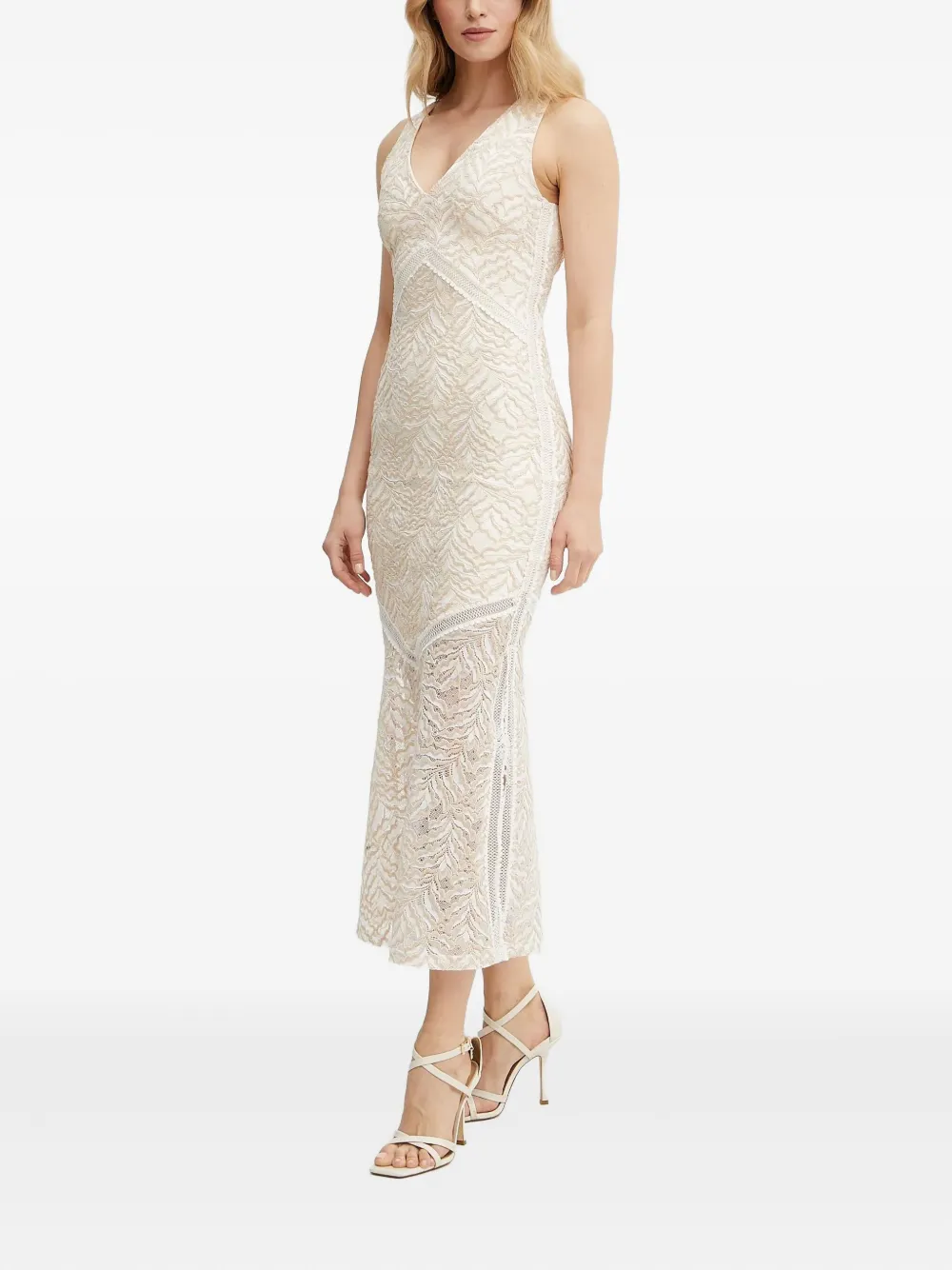 GUESS USA Midi-jurk met kanten vlakken en V-hals Wit