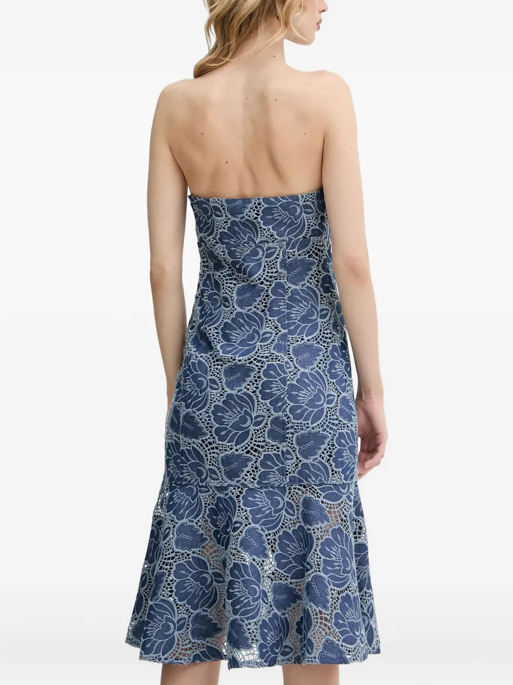 Guess Usa Floral-lace Strapless Dress In Blue